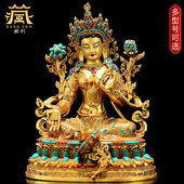 绿多罗观音 室内家用全鎏金 铜佛像摆件 绿度母 藏村彩珠镶嵌