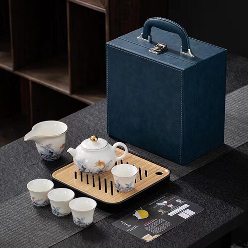 国潮羊脂玉瓷旅行茶具套装商务功夫茶具茶壶盖碗茶盘公司活动logo