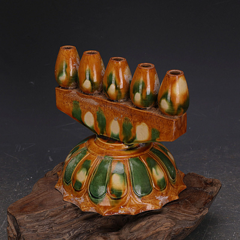 唐三彩手工刻花莲花五孔油灯古玩古董仿出土老货仿瓷器摆件收藏品