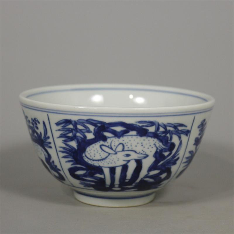 景德镇老厂库存瓷器手绘青花梅花鹿碗釉下彩饭碗古瓷旧货收藏摆件