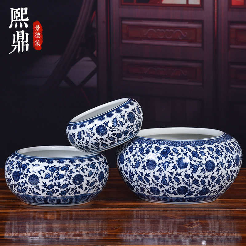 中国风青花瓷缠枝莲大号景德镇陶瓷水洗缸 毛笔书法国画水浅水盂图片