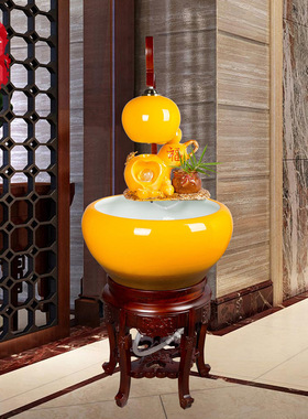 景德镇陶瓷流水鱼缸黄色葫芦风水球加湿器家居摆件喷泉