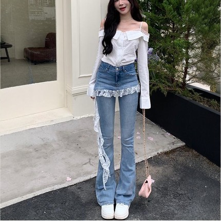李李服饰法式蕾丝花边微喇牛仔裤女25夏款假两件高腰显瘦拖地裤子