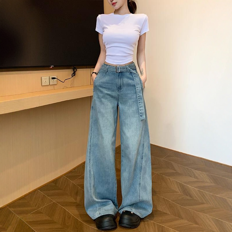 腰带高腰阔腿牛仔裤女2025夏季