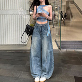 高腰显瘦痞帅阔腿裤 女2026夏季 高街水洗弯刀牛仔裤 李李服饰美式