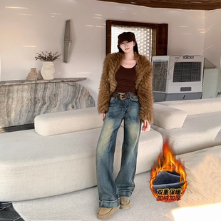 高腰百搭显瘦微喇长裤 李李服饰怀旧风不贴腿加绒牛仔裤 女2025冬季