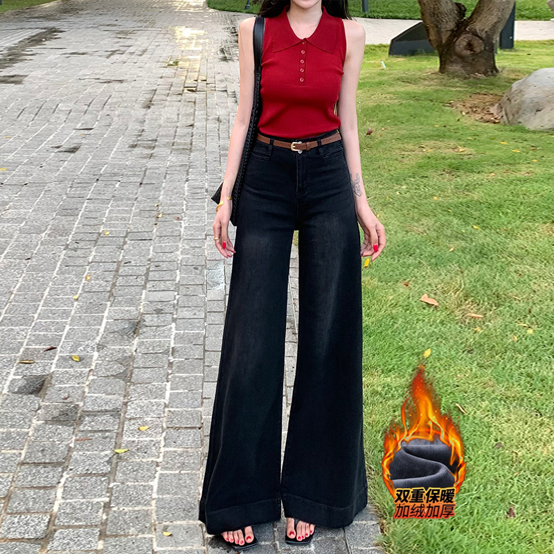 黑灰大裤脚垂感阔腿牛仔裤女