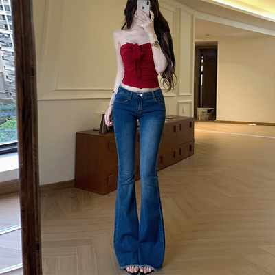 中低腰毛边微喇牛仔裤女