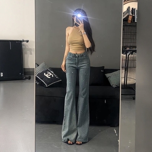 不貼腿顯瘦喇叭褲 李李服飾重工燙鉆高腰微喇牛仔褲 女2025夏季 新款