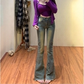 李李服饰毛边蝴蝶刺绣微喇牛仔裤 高腰显瘦弹力喇叭裤 女25冬季 新款