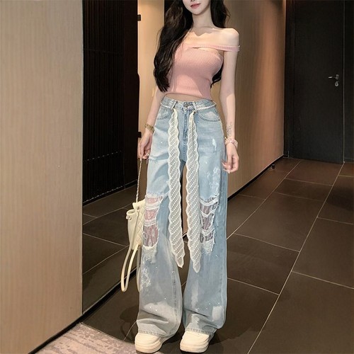 破洞蕾丝拼接闪钻阔腿牛仔裤女