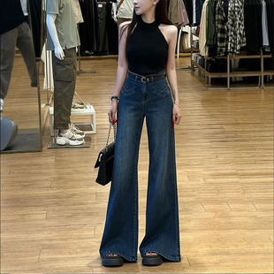 显瘦百搭裤 新款 女2026夏季 李李服饰深色高腰不贴腿喇叭牛仔裤