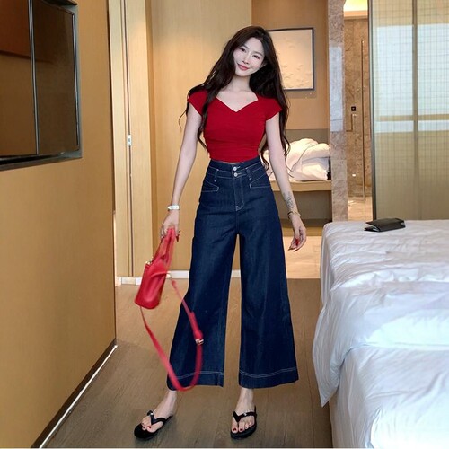 李李家简约九分原色阔腿牛仔裤女2026秋季新款高腰显瘦显腿长裤