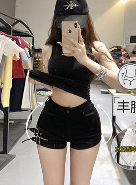 李李服饰黑色朋克风丰胯牛仔短裤女2026夏季新款低腰显瘦辣妹热裤