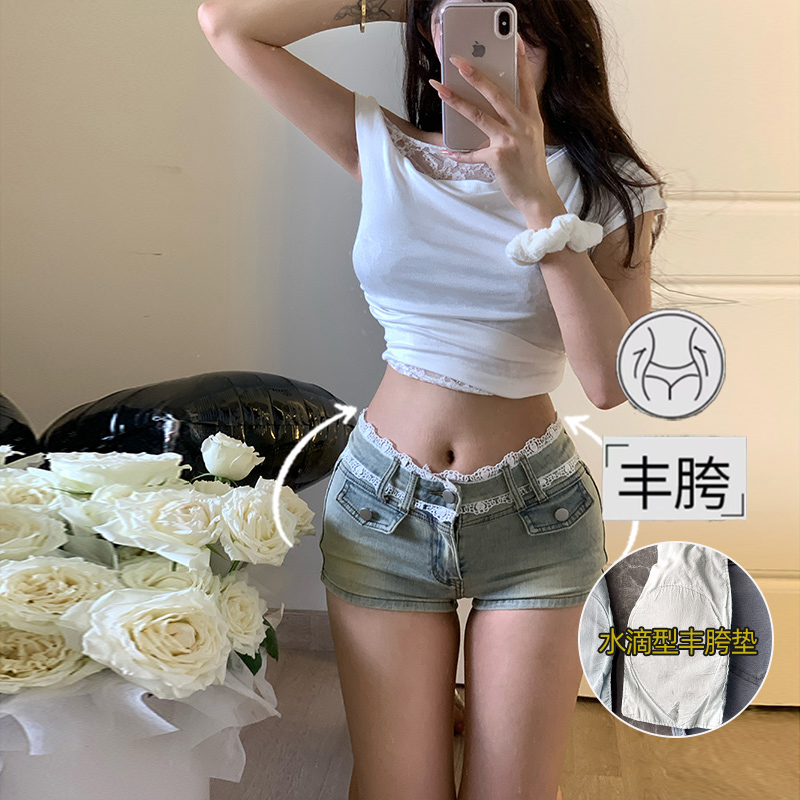 李李服饰法式蕾丝拼接丰胯牛仔短裤女2025秋季新款低腰紧身包臀裤