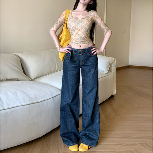 中低腰深蓝腰带阔腿牛仔裤女