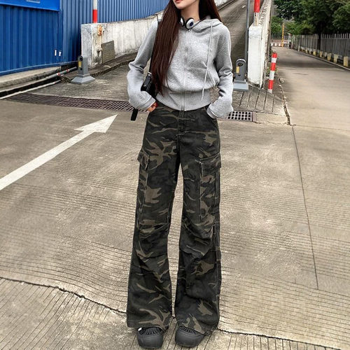 美式高腰迷彩工装阔腿牛仔裤女
