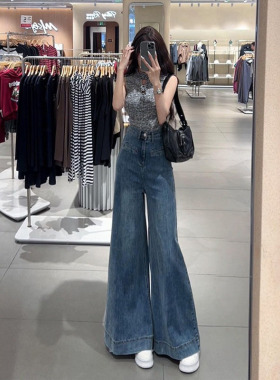 李李服饰2026年夏季蓝色高级感阔腿牛仔裤女高腰阔脚拖地长裤