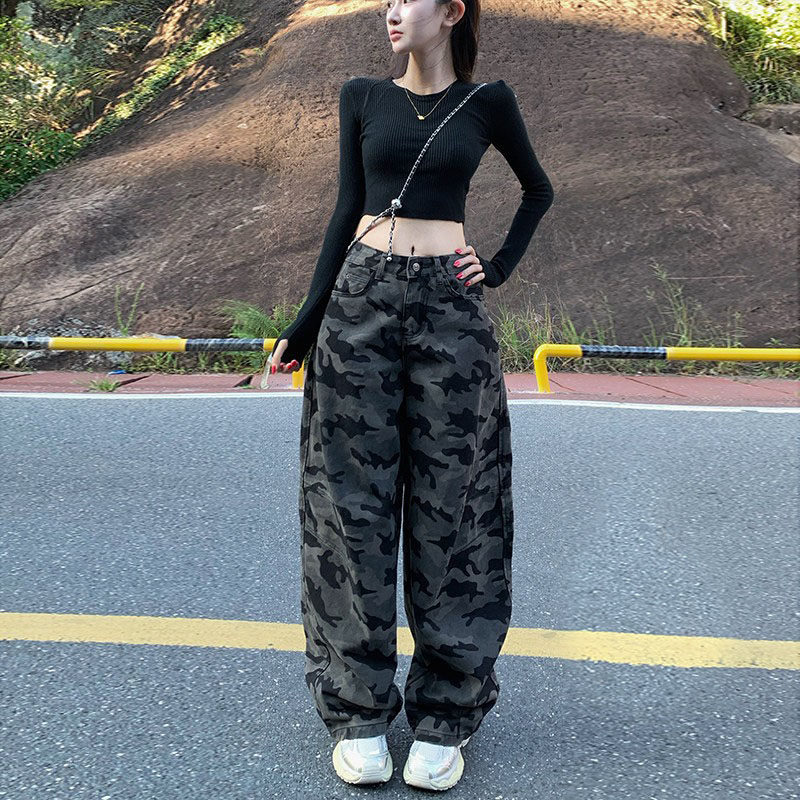 李李家迷彩弯刀牛仔裤女2026夏季美式嘻哈高腰阔腿拖地长裤