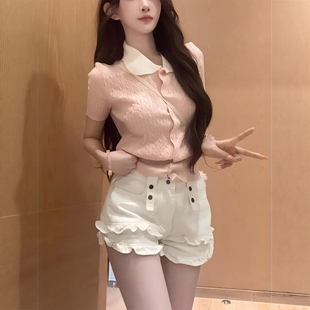 李李服饰甜美风双层木耳边牛仔短裤 女2025年夏季 高腰显瘦a字热裤