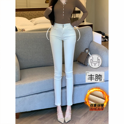 米白色简约百搭丰胯小脚牛仔裤女