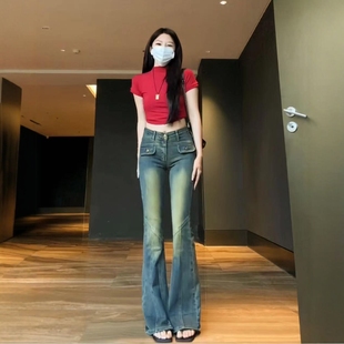 高腰修身 李李服飾復(fù)古喇叭牛仔褲 女2025年夏季 新款 顯瘦顯高喇叭褲