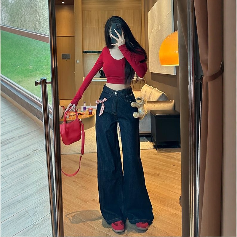 李李服饰小熊挂件原牛丹宁阔腿牛仔裤女2025夏季新款高腰显瘦长裤