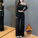 高腰宽松拖地裤 李李服饰黑色星河满钻加绒阔腿牛仔裤 女2025年冬季