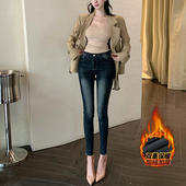 高腰紧身美腿牛仔裤 李李服饰复古显瘦加绒小脚裤 女配靴子2026冬季