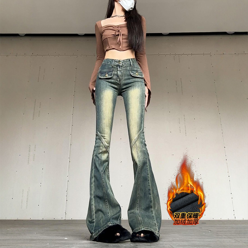李李服饰2025加绒冬季新款欧美街头复古辣妹高腰显瘦微喇牛仔裤女