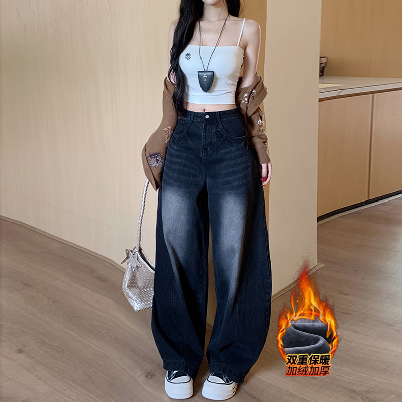 黑灰潮酷廓形弯刀牛仔裤女