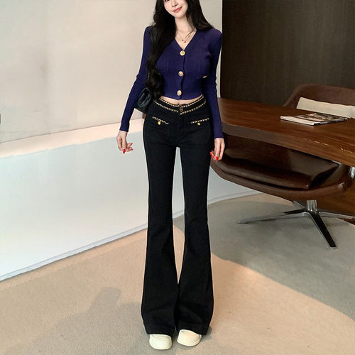 李李家小香风黑金链条设计牛仔裤女2026秋季新款高腰气质喇叭裤