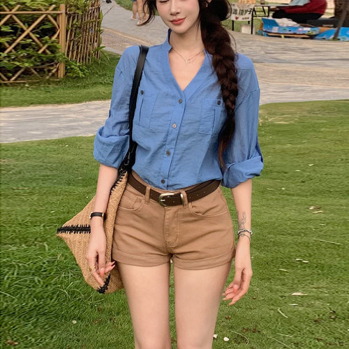 复古卡其卷边牛仔短裤女