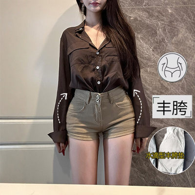 李李服饰低腰双扣丰胯牛仔短裤女2025夏季新款浅卡其显瘦美胯热裤
