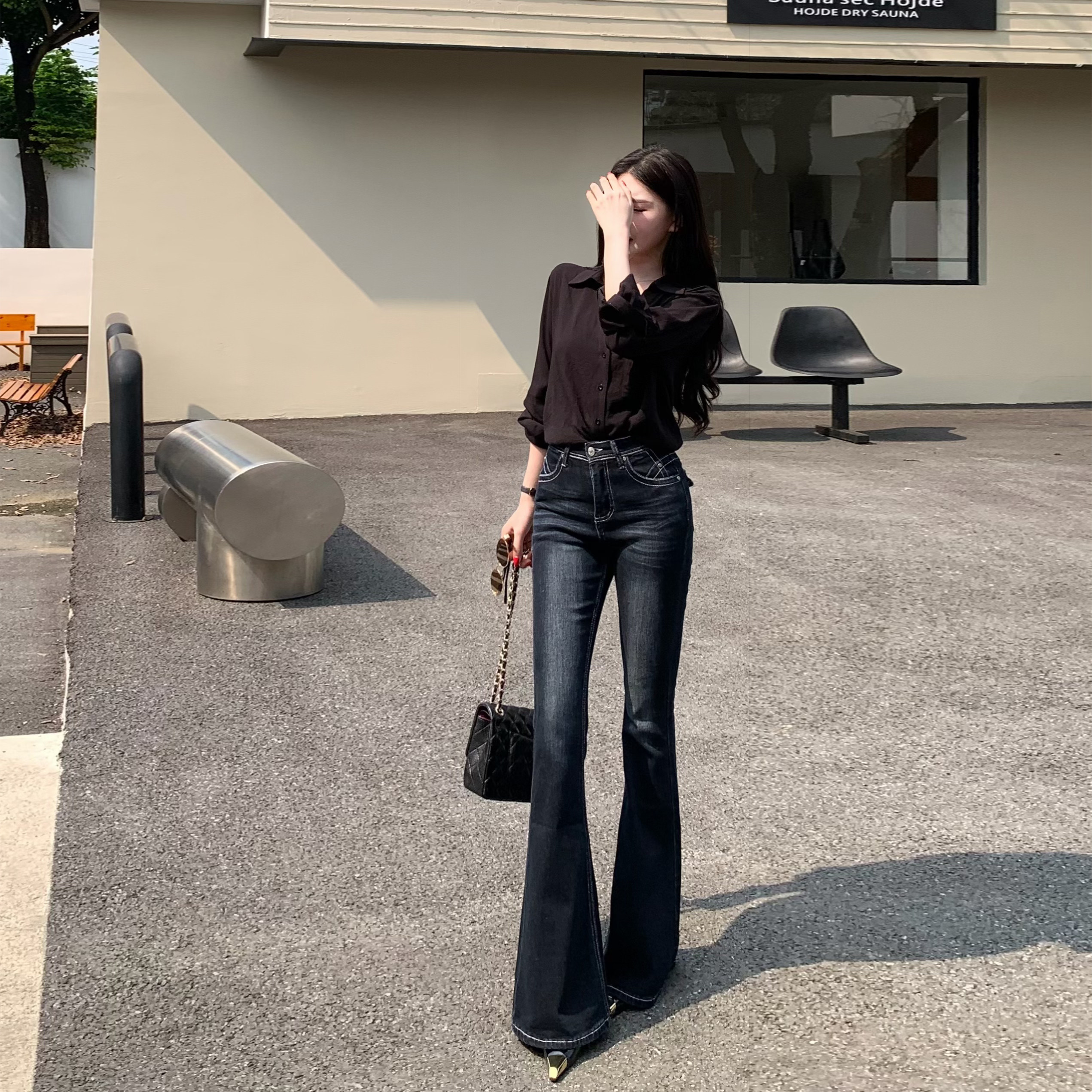 李李家复古磨白高腰微喇牛仔裤女2026冬季新款弹力显瘦提臀拖地裤