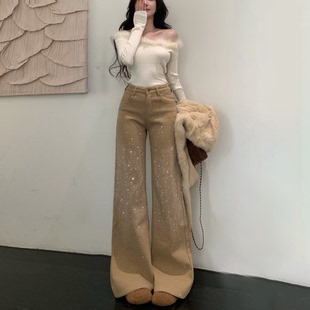 高腰弹力牛仔裤 新款 女2026夏季 李李服饰星河璀璨不贴腿烫钻微喇裤