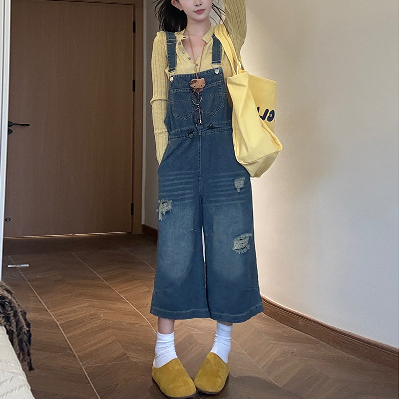 李李服饰潮流破洞垂坠感背带裤女2025秋季韩版高腰减龄牛仔阔腿裤