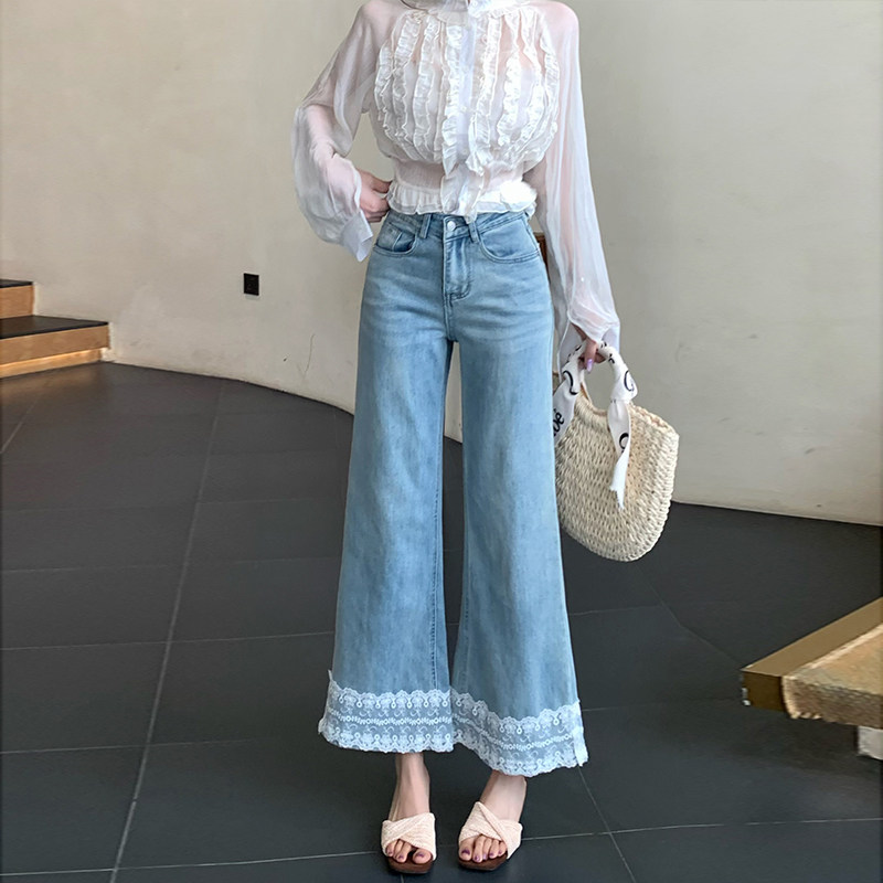 李李家蕾丝花边拼接阔腿牛仔裤女2026年秋季新款温柔淡蓝九分裤图片