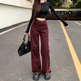 高腰宽松显瘦裤 新款 女25冬季 李李服饰安可拉红豹纹百搭阔腿牛仔裤