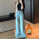 加绒加厚高腰不贴腿宽松拖地裤 李李服饰简约蓝微喇牛仔裤 女25冬季
