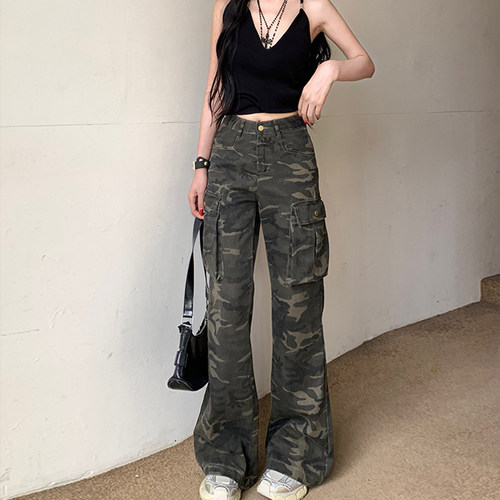 美式迷彩工装微喇牛仔裤女