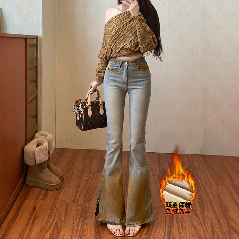 李李服饰加绒废土风渐变设计微喇牛仔裤女2025冬季新款开叉高腰裤