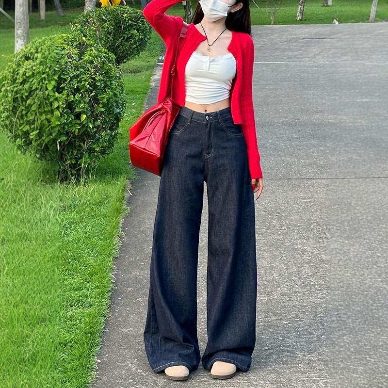 李李服饰原牛阔腿牛仔裤女2025秋季新款侧褶设计百搭垂感拖地裤