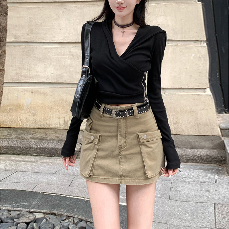 李李家咖绿双口袋工装牛仔短裙女2026年秋季高腰显瘦百搭半身裙图片