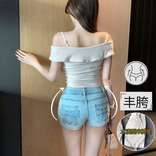 蝴蝶结刺绣丰胯牛仔超短裤女