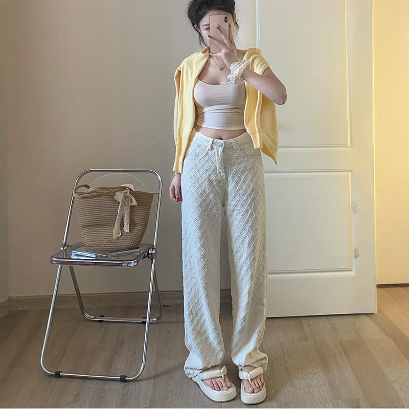 李李服饰杏色宽松菱形提花阔腿牛仔裤女2025秋季高腰显瘦休闲长裤