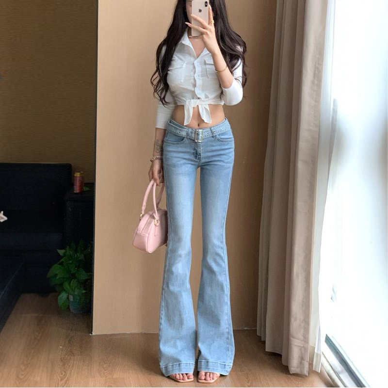 李李服饰低腰紧身腰带微喇牛仔裤女2026夏季新款修身显瘦裤子