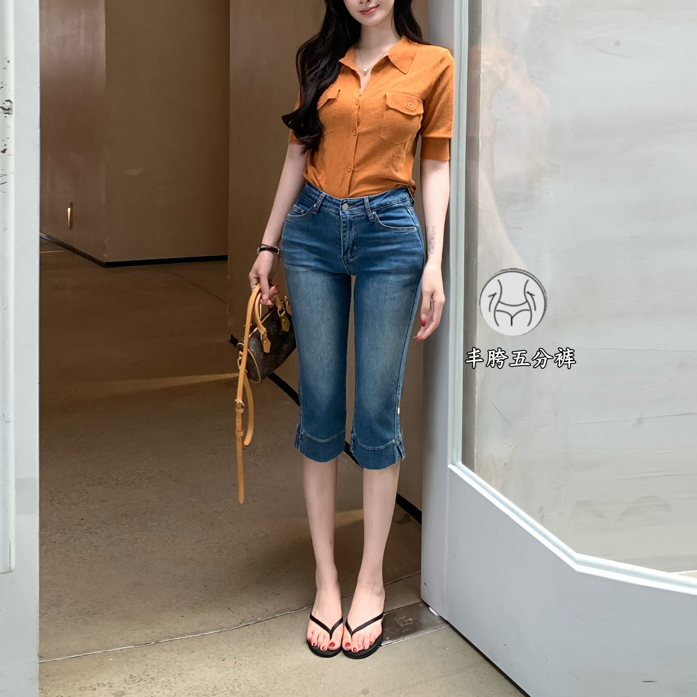 李李家丰胯瘦腿卡普里牛仔裤女2026年秋季修身显瘦弹力开衩五分裤图片