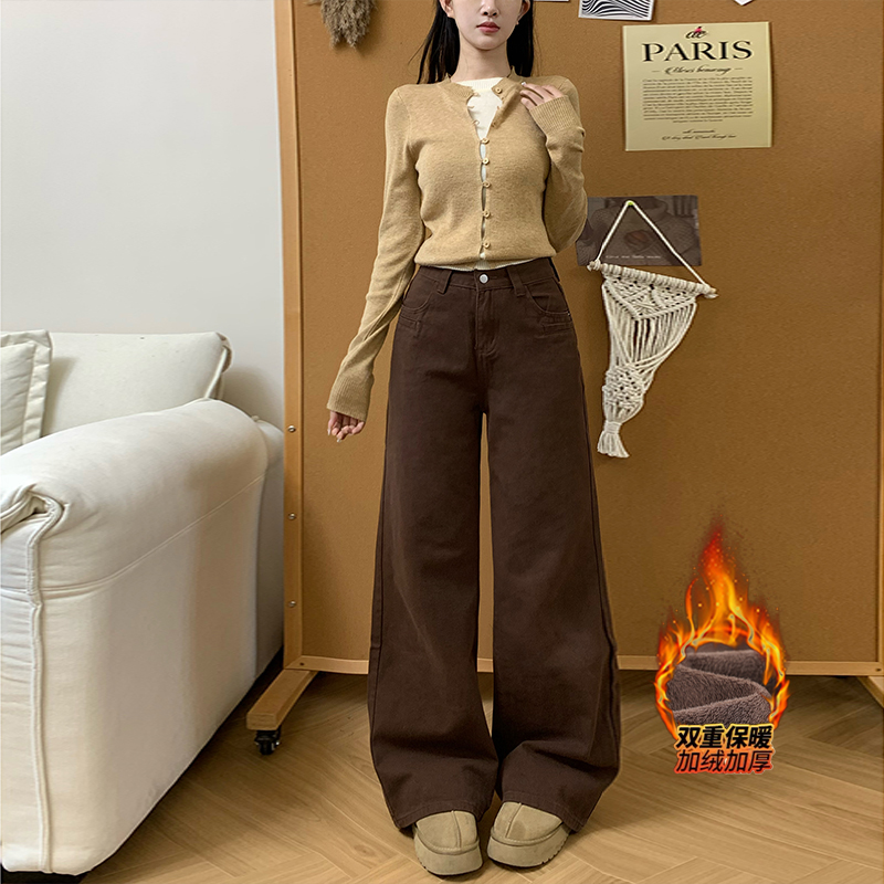 美拉德咖色阔腿牛仔裤女