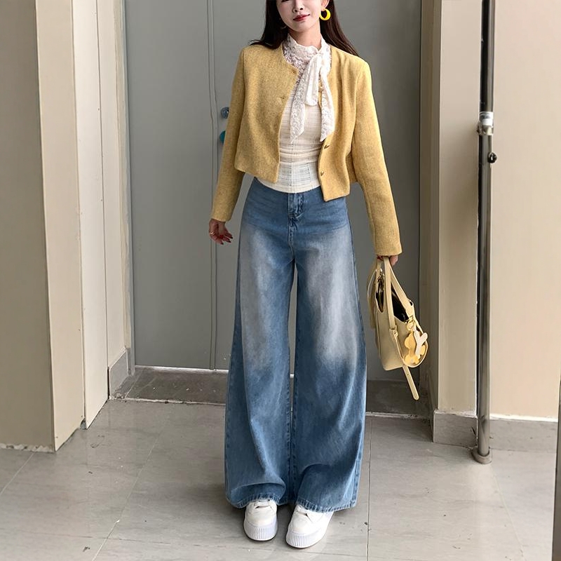 李李服饰浅色高腰阔腿牛仔裤女25夏季新款磨白设计宽松显瘦拖地裤